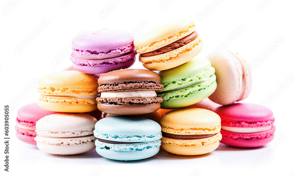 AI generative. Sweet and colourful french macaroons on white AI generative. Sweet and colourful french macaroons on white