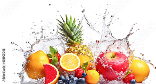 AI generative.  Tropical fresh citrus fruits and splashing water on white