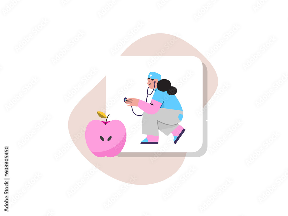 An illustration of healthcare worker with stethoscope and an apple , An illustration of healthcare worker with stethoscope and an apple ,