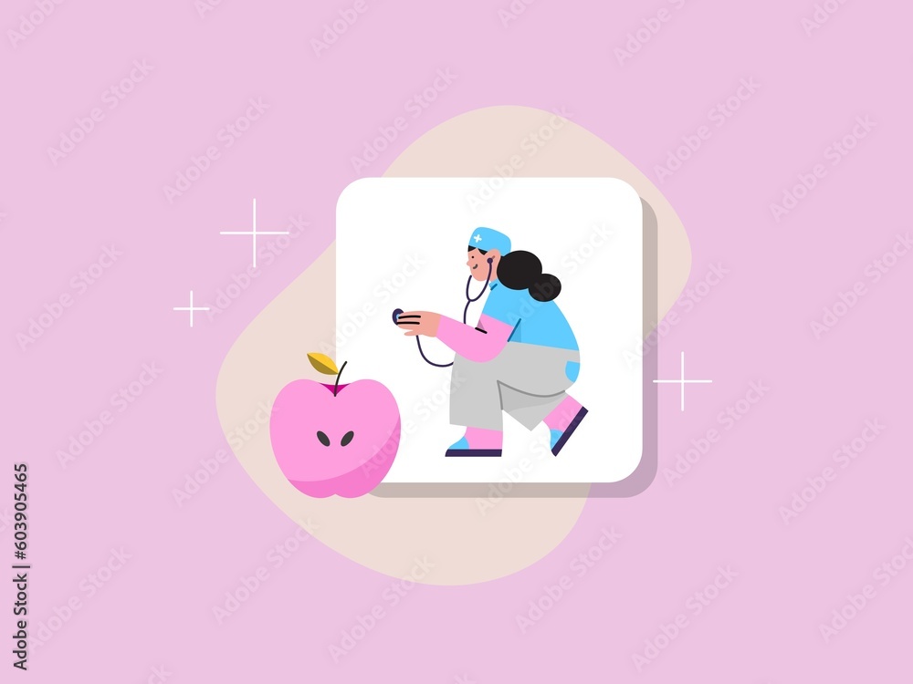 An illustration of healthcare worker with stethoscope and an apple , An illustration of healthcare worker with stethoscope and an apple ,