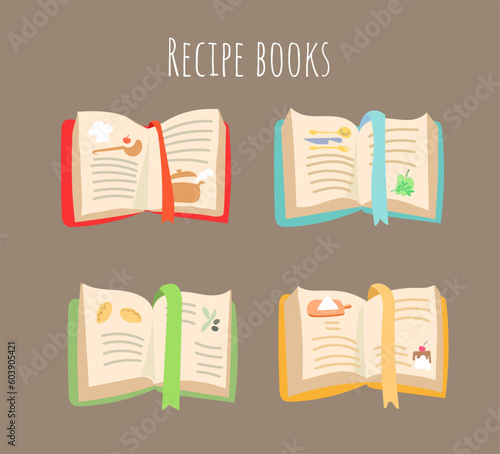 Set icons cookbook, recipe book, labels for cooking projects, home appliances, products, stickers, printing in books, buttons on sites and apps.