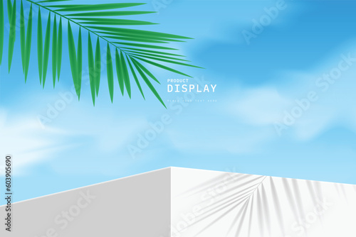 White 3d wall podium with green palm leaf branch and shadow. Blue sky and clouds background. Scene for show product or cosmetic. 3d building shape realistic design. 3d vector render geometric form. © BBoVector