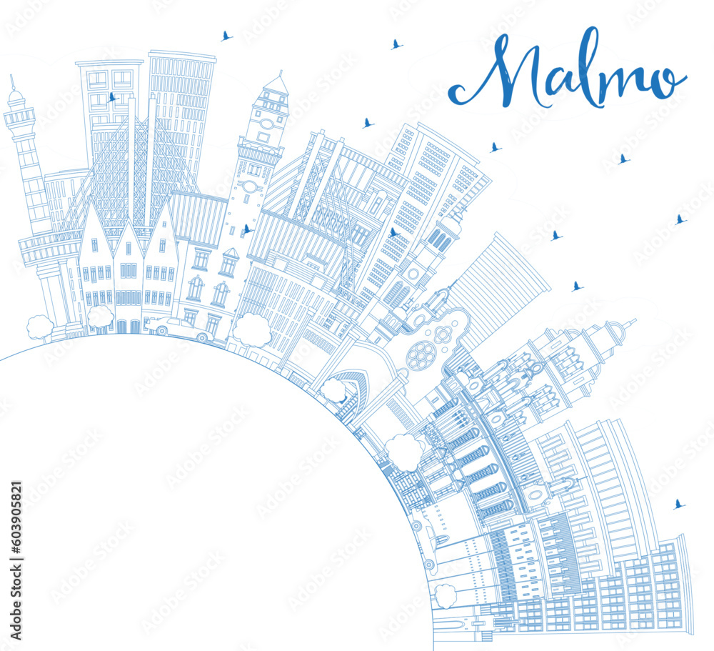 Outline Malmo Sweden City Skyline with Blue Buildings and Copy Space. Malmo Cityscape with Landmarks.