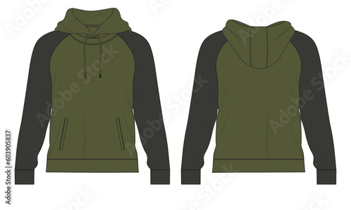 Two tone Color Long sleeve hoodie technical drawing fashion flat sketch vector illustration template front and back views