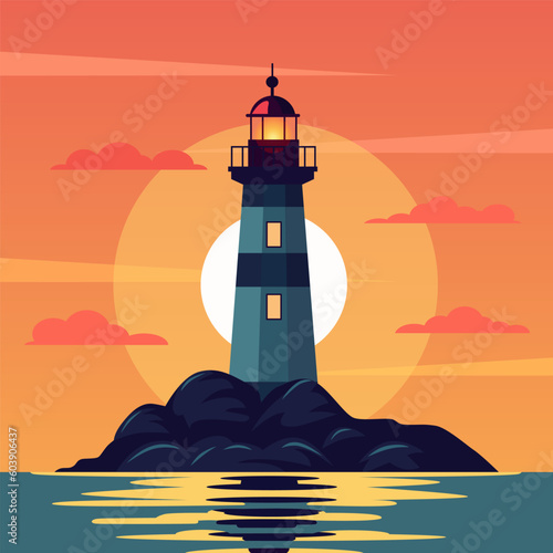 Vector sea landscape with lighting beacon at sunset. Design template in trendy style navigational and travel concept. Flat vector illustration