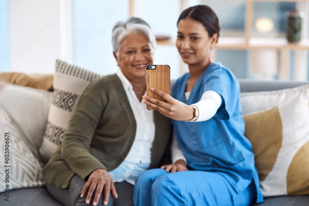 Caregiver, phone selfie or old woman in nursing home with smile or happiness for profile pictures or retirement. Women, mobile photography or happy nurse smiling with elderly patient for wellness Caregiver, phone selfie or old woman in nursing home with smile or happiness for profile pictures or retirement. Women, mobile photography or happy nurse smiling with elderly patient for wellness