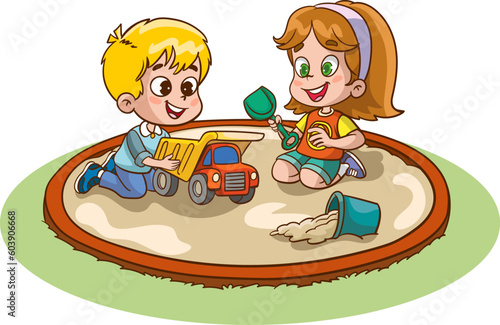 kids children playing playground vector illustration.Illustration of a Little Boy and Girl Playing with a Toy Car.