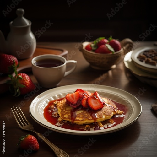 strawberry pancake breakfast with coffee