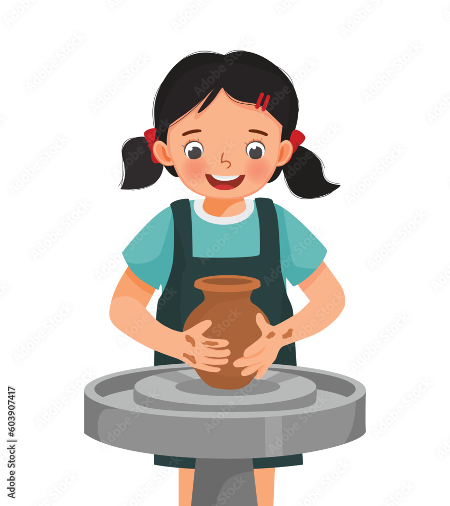 Cute little girl making ceramic pot on pottery wheel in a workshop Cute little girl making ceramic pot on pottery wheel in a workshop