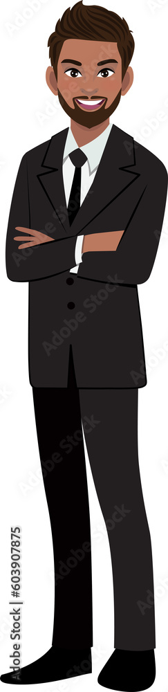 Black businessman or American African male character crossed arms pose in black suit cartoon character Black businessman or American African male character crossed arms pose in black suit cartoon character