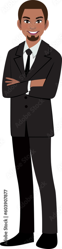 Black businessman or American African male character crossed arms pose in black suit cartoon character Black businessman or American African male character crossed arms pose in black suit cartoon character