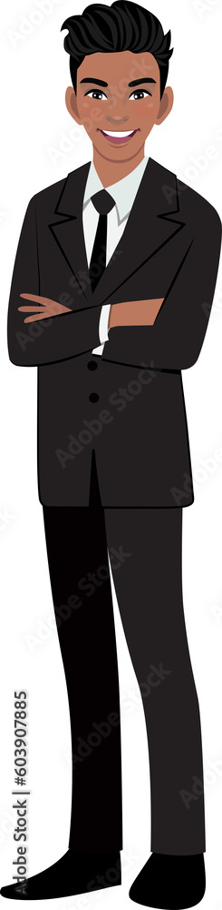 Black businessman or American African male character crossed arms pose in black suit cartoon character