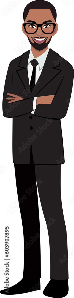 Black businessman or American African male character crossed arms pose in black suit cartoon character Black businessman or American African male character crossed arms pose in black suit cartoon character