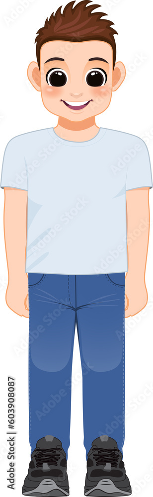 Cartoon character boy in white shirt and blue jeans smiling Cartoon character boy in white shirt and blue jeans smiling
