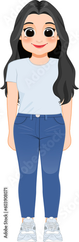 Cartoon character girl in white shirt and blue jeans smiling