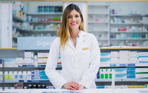 Pharmacy portrait, happy pharmacist and woman in drugs store, pharmaceutical service or healthcare shop. Hospital retail dispensary, medicine product shelf and medical person for clinic support help photo