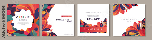 Trendy abstract summer square cover with color shapes, graphic elements template design set for poster, social media post and modern album, online promotions and adverts.. Vector modern color kit.