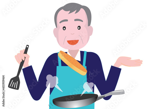 高齢者の男性がフライパンで料理をしている。