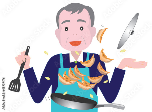 高齢者の男性がフライパンで料理をしている。