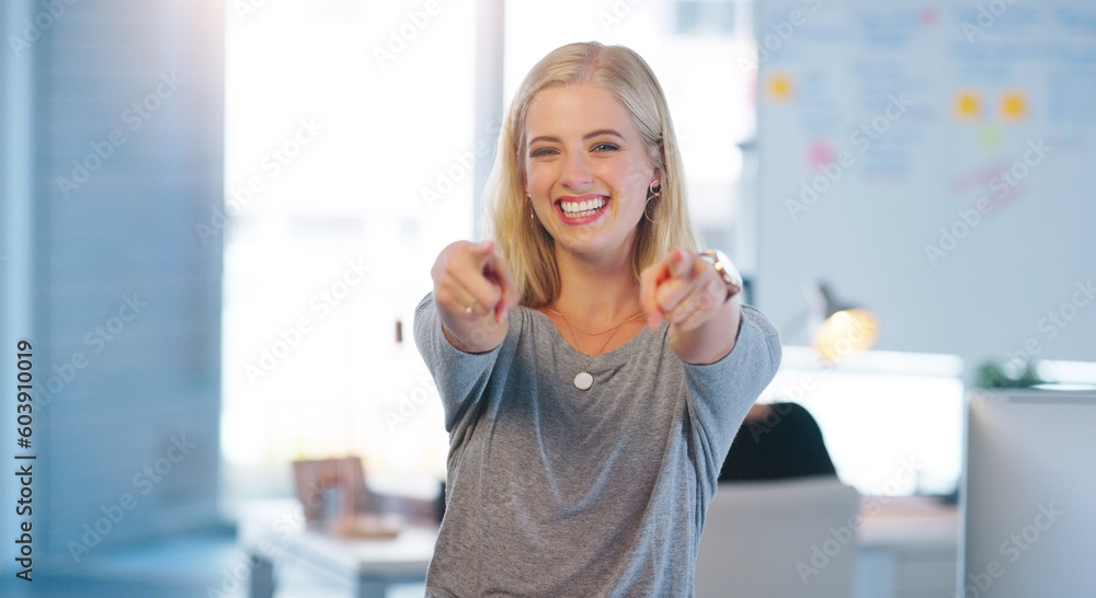 Portrait, business and woman with a smile, pointing to you or professional with confidence, office or motivation. Face, female person or employee with gesture for inspiration, entrepreneur and career