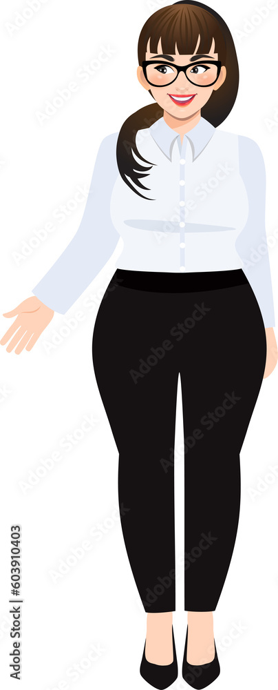 Plus size businesswoman cartoon character or Beautiful business woman in office style white shirt spread hand