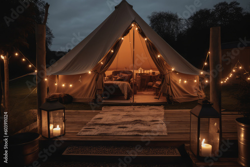 glamping in the beautiful place. luxury glamping. glamorous camping, generative AI
