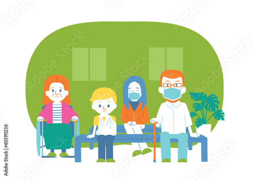 病院の待合室で待機する人々　SDGs3　全ての人に健康と福祉を