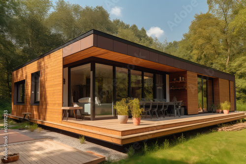 Modular wooden house on wheels with flat roof and big windows all around. Modern and elegant style, with an outdoor living area, generative AI