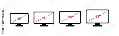 Screen diagonal. Flat, black, monitor diagonal. Vector icons.