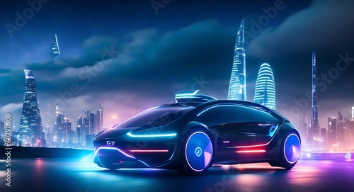 EV electric car system. futuristic car in night with modern light smart city.ai generated images. Generative Ai photo