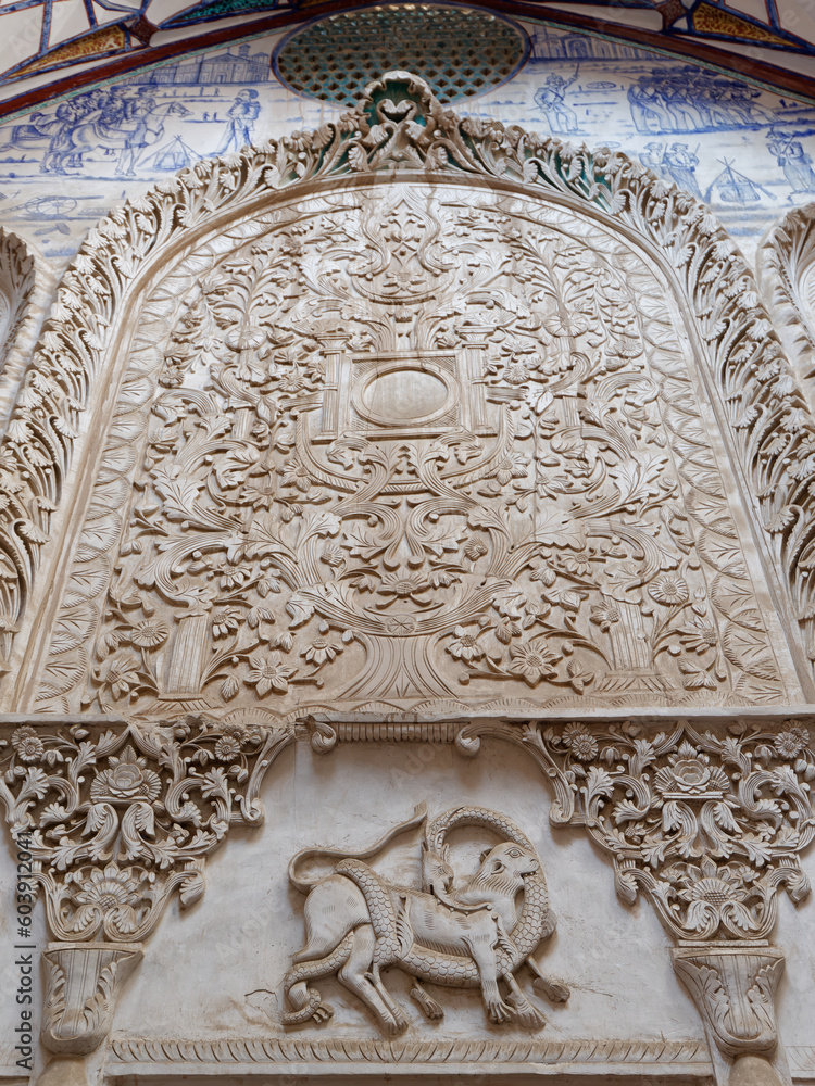 Close-up photo of beautiful ceiling decorations in the Borujerdi House museum in Kashan, Iran Close-up photo of beautiful ceiling decorations in the Borujerdi House museum in Kashan, Iran