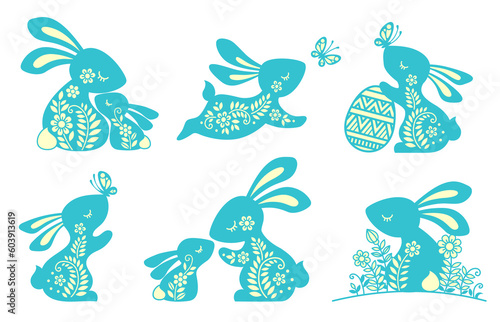 Set of ornate easter bunny's. Vector illustration hare, bunny, rabbit and butterfly. Silhouette of cute bunny with Easter egg, butterfly for laser cut or card
