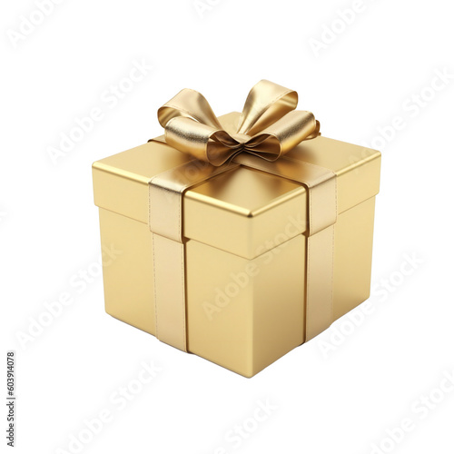 Realistic gold gift box with ribbon. 3D rendering. PNG Icon on transparent background AI generated