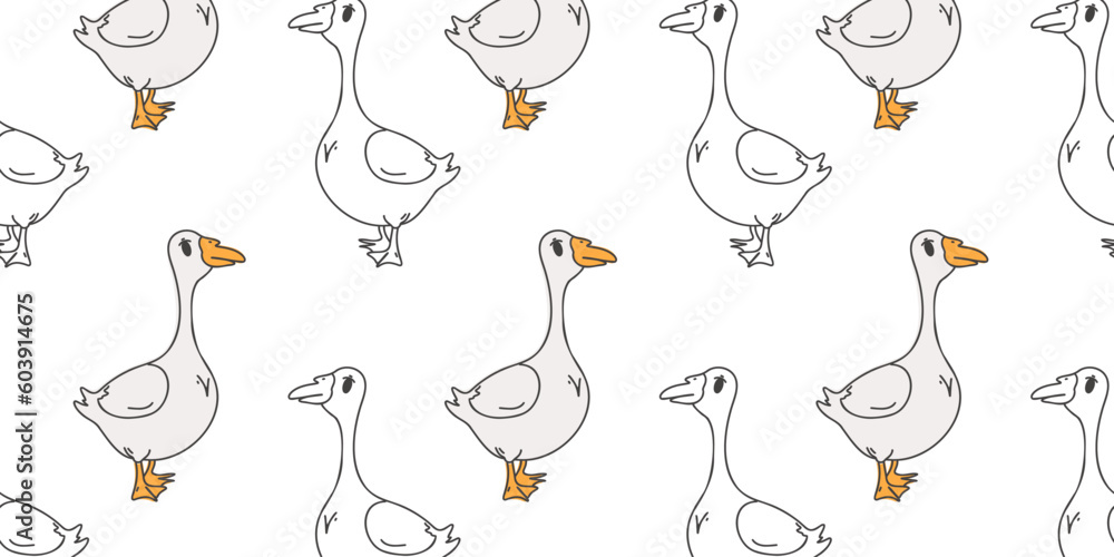 Fototapeta premium Seamless pattern with drawn cute geese. Doodle vector illustration