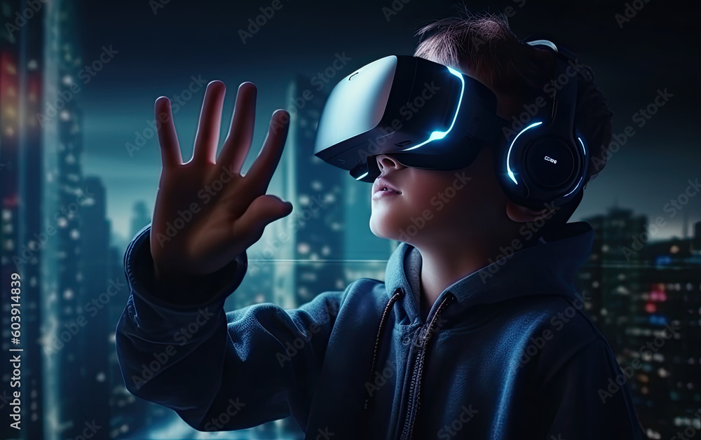 Little boy exploring metaverse with VR headset, virtual reality augmented reality, Generative AI Little boy exploring metaverse with VR headset, virtual reality augmented reality, Generative AI