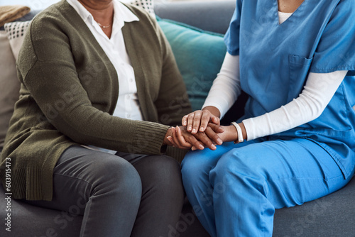 Counseling, woman or nurse holding hands for support or empathy for healthcare service of cancer therapy. Closeup, psychology help or sick patient in consulting with a caregiver in consultation