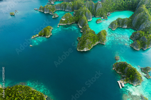 Nature, drone view and ocean with greenery on a tropical island at a summer vacation resort. Environment, lake water and aerial view of outdoor sea with forestry mountains and plants in environment.
