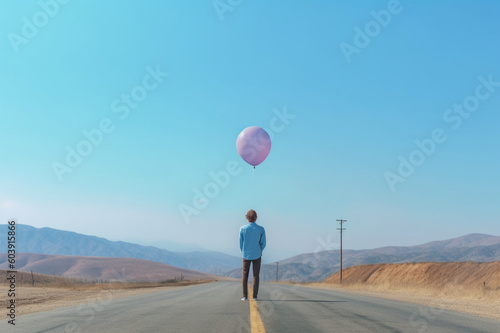 Hope concept, the back of people standing on field and holding a balloon in blue sky background by generative AI.