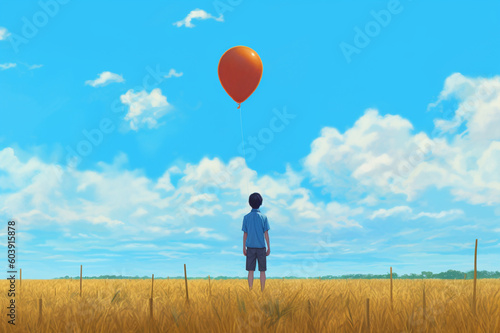 Live for today hope for tomorrow. The back of person standing on field and holding a balloon in blue sky background by generative AI.