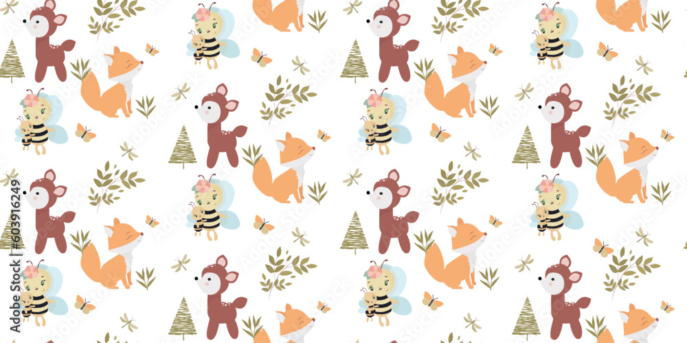 Seamless children's pattern with a deer, a bee and a fox. Perfect for printing on fabric and paper. For design and decor.