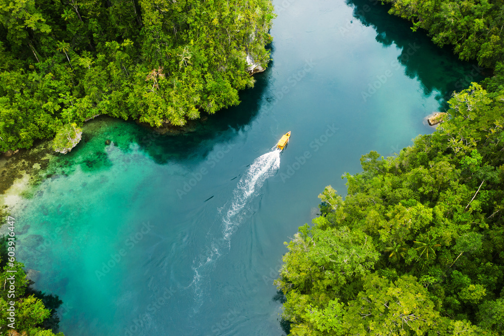 Island, ocean and drone view of a boat in nature with trees for sailing on vacation or weekend trip. Travel, adventure and aerial view of speedboat on sea of tropical resort water for summer holiday. Island, ocean and drone view of a boat in nature with trees for sailing on vacation or weekend trip. Travel, adventure and aerial view of speedboat on sea of tropical resort water for summer holiday.