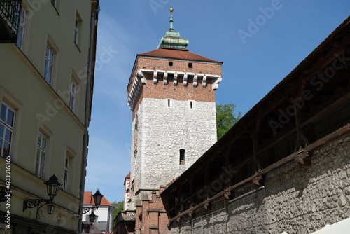 St. Florian's Gate or Florian Gate, Brama Floriańska Kraków. Gothic tower in Krakow, Poland. Part of historic fortifications in the Old Town of Cracow.