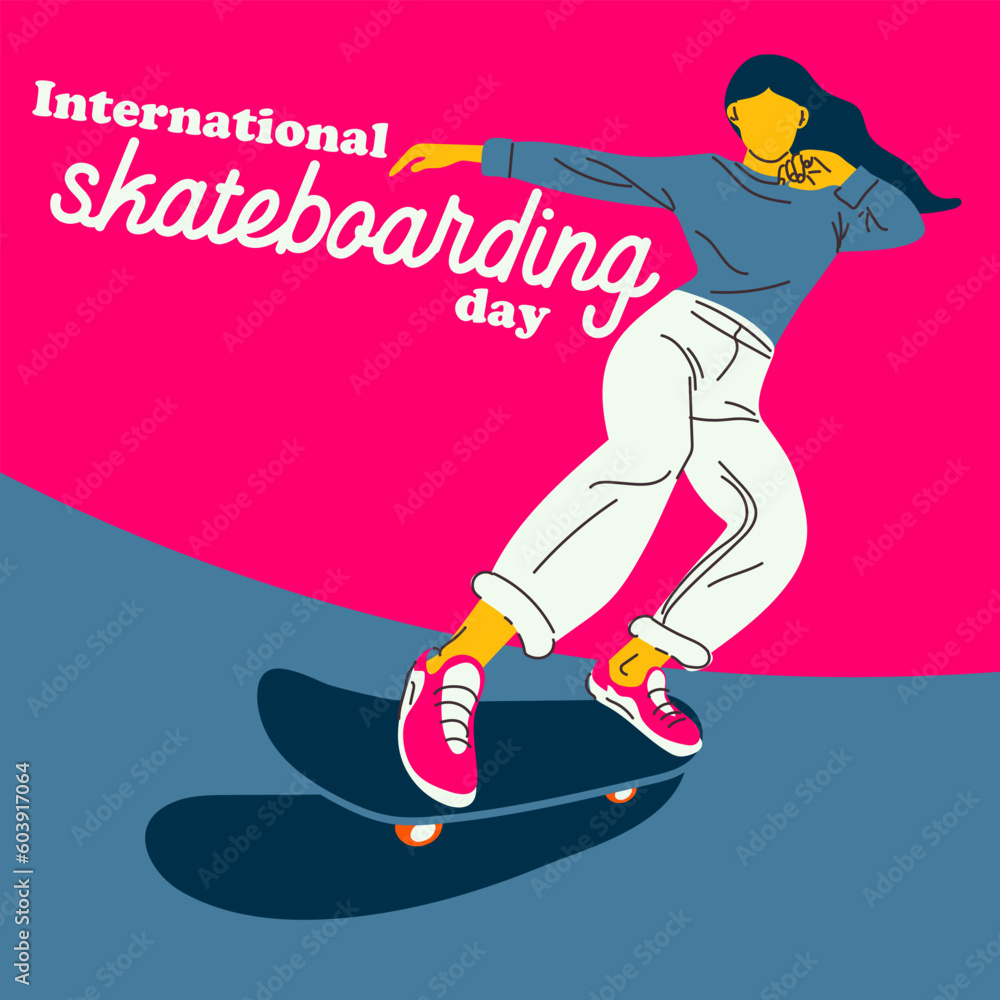 Poster of the International Skateboarding Day. A girl rides a skateboard on a pink and blue background. Skateboard tricks, skateboarding, jumping. Banner with bright people for the holiday on June 21