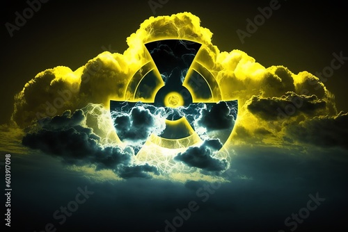 Cloud with radiation sign. Radiation symbol in the sky. Nuclear danger sign. The nuclear dust. Generative AI photo