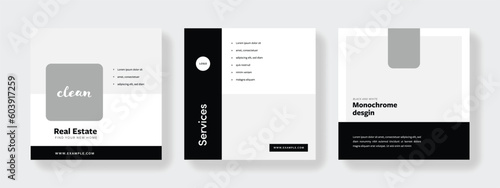 Minimalistic social media layouts with black accent, clean editable graphic templates for web, black element accent, instagram, facebook, contrast, square design, banner advert