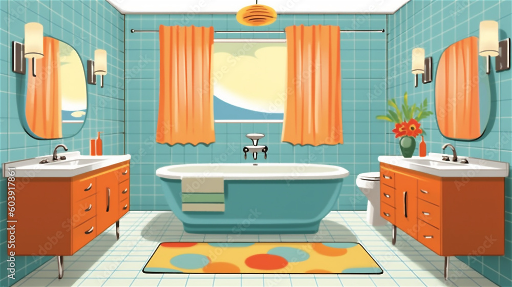Generative AI, Bold and Chic Mid-Century Modern Bathroom Generative AI, Bold and Chic Mid-Century Modern Bathroom
