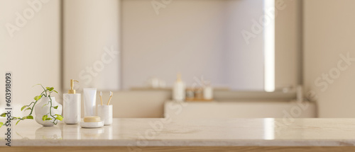 Copy space on a white marble tabletop with bath accessories over blurred background of bathroom.