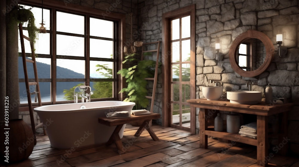 Generative AI, Rustic Retreat: A Cozy and Inviting Bathroom Design Generative AI, Rustic Retreat: A Cozy and Inviting Bathroom Design