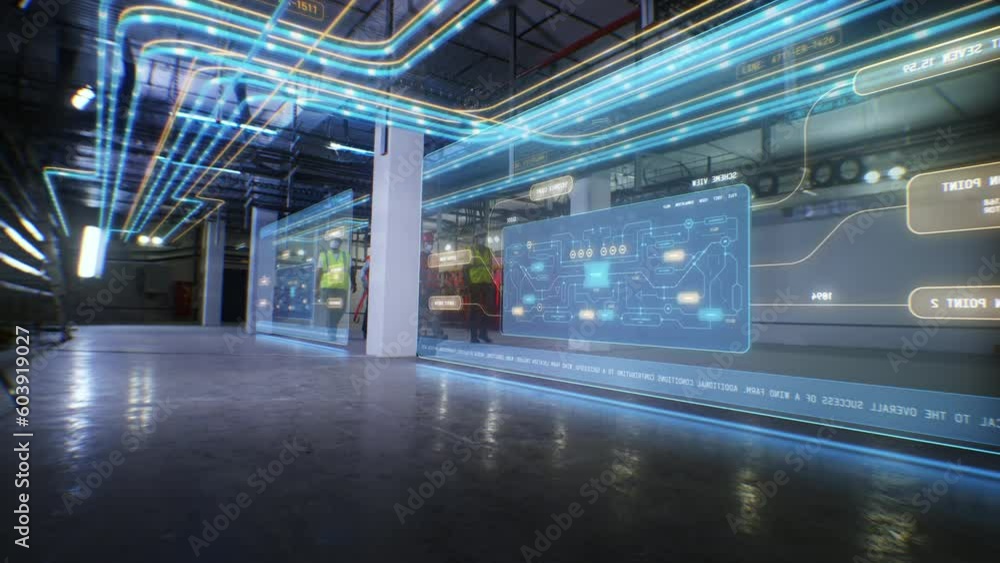 Team of diverse workers walks through electrical distribution station. 3D computer graphics, animation of schemes of electricity transmission from wind farm. Modern, digital electric transport system.