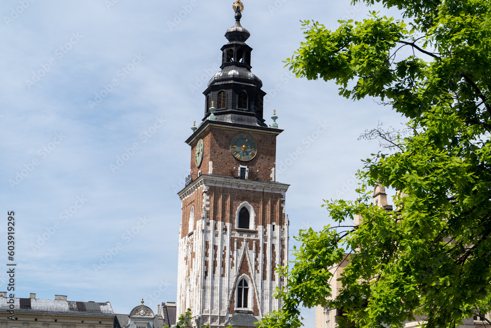 Town Hall Tower in Krakow, Poland. Wieża Ratuszowa Kraków on the Main Market Square, in the Old Town district of Cracow.